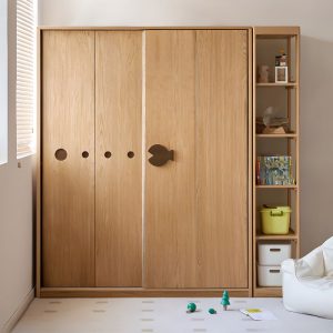"Oak Natural Wood Finish Kids Wardrobe with 6 Shelves"