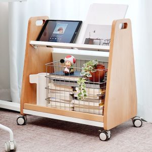 "Modern Kids Bookshelf Display Rack with Roller Wheels, 2 Shelves, Vertical Orientation, Closed Back, and Natural Wood Material"
